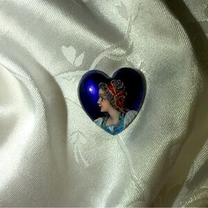 Heart French Blue Enameled Lady Portrait Porcelain Signed